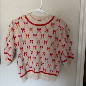 THML Cream Bow-Print Puff Sleeve Crewneck Sweater with Red Trim